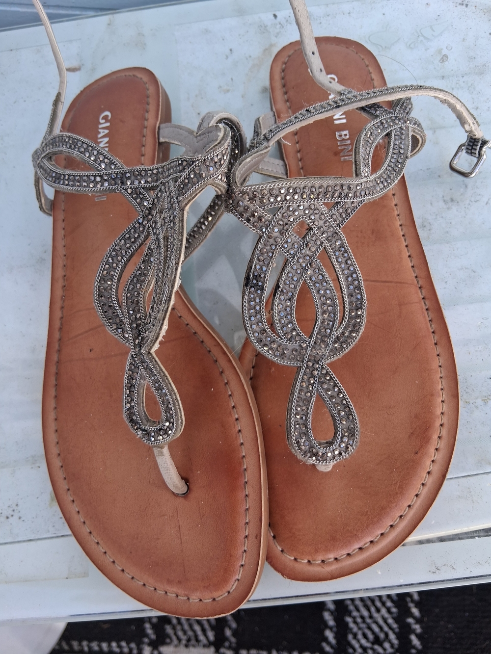 GIANNI BINI Silver Embellished T-Strap Sandals - Women's